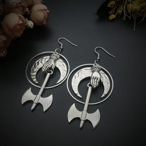 Silver plated Axe & Sword Weilder Dangle Earrings Miniature Weapon Jewelry Battle Axe Earrings Gothic Medieval Axe Earrings Moon