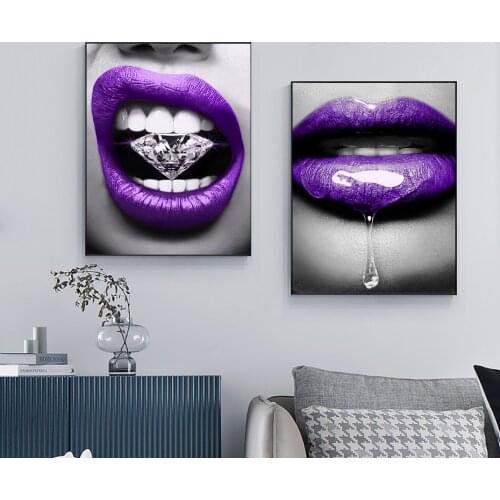 Sexy Beauty Personality Blue Lip with Diamond Canvas Posters Prints Printed On Canvas Wall for Living Room Decoration Picture