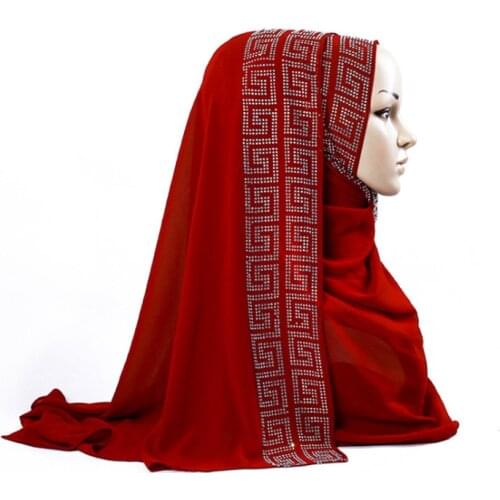 Bubble Pearl Chiffon Soild Color Hijab Long Head Wrap Glittering Rhinestones Scarf Turban Muslim Shawls for Arab Women Headscarf