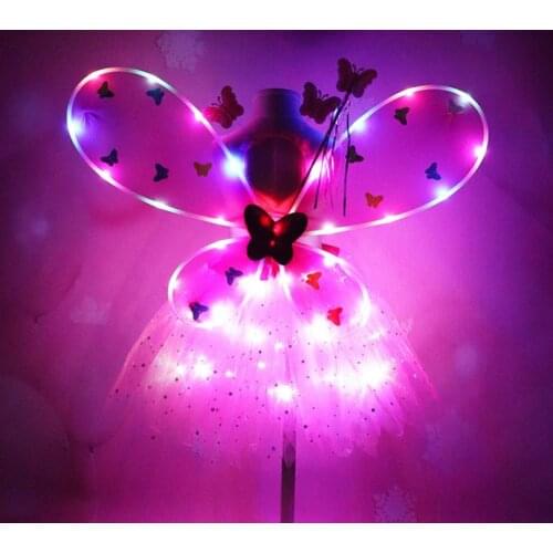 Girl LED Butterfly Wings Set withTutu Skirt Fairy Wand Headband Fairy Princess Light Up Party Carnival Costume props 2-8T SN3596