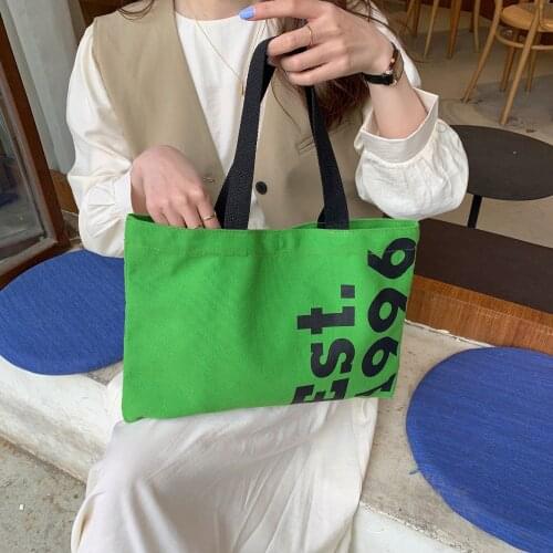 Koeran Green Prink Women Canvas Bag Letters Print Ladies Handbag Student Small Reusable Tote Shopping Bag Office Lunch Box 2021