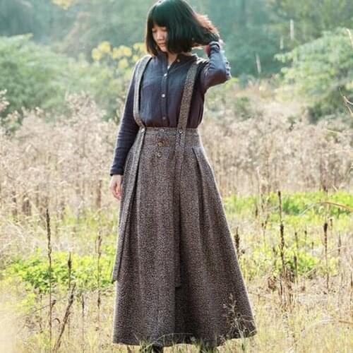 Johnature 2020 New Women Long Solid Loose Original Vintage Cotton Linen Female Woolen Shoulder Straps Suspenders Skirt