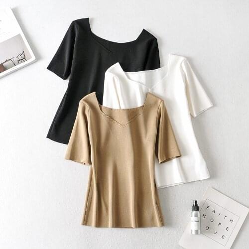 M5464 Womens Knitted T-Shirts Thin Summer Korean Style Casual Simple Daily Streetwear Square Collar Short Sleeve Pullover Tops