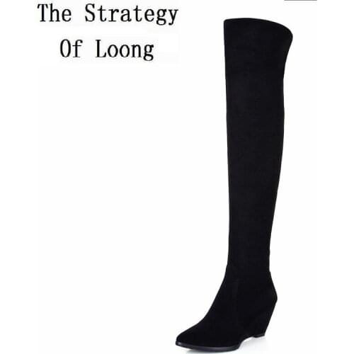 Genuine Leather Women Over The Knee Boots Pointed Toe Wedge Heels Thick Warm Lady Winter Long Boots Plus Size 43 44 45 Big Size