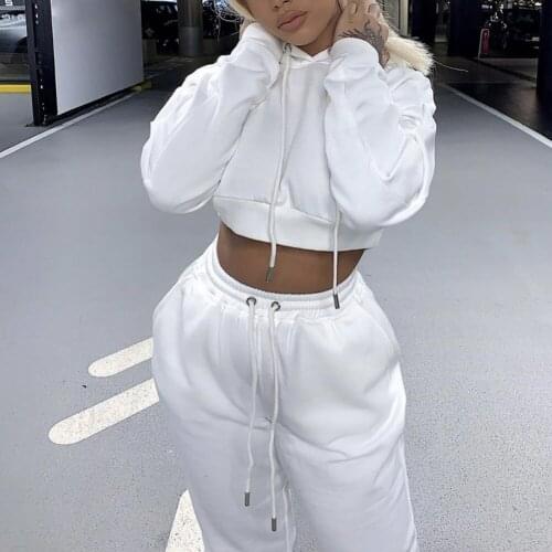 Casual Two Piece Set Hoodie Solid Color Short Tops And Long Pants Loose 2 Piece Set Women Fashion Sexy Sport Female Tracksuits