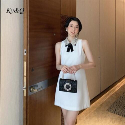 Runway Brand Luxury Diamonds A-Line Little White Dress Summer 2021 New Women Doll Collar Beaded Bow Elegant Party Vest Dresses