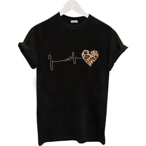 ZOGANKIN Womens T-shirt Short Sleeve Cotton T shirt Female Leopard Heart Print Black Shirts Girls Summer Fashion Clothes