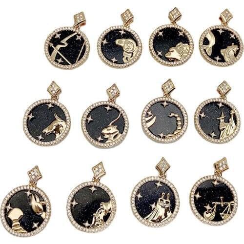 18K Gold Color 12 Horoscope Zodiac Sign Pendant Necklace For Women Men Hand Inlaid Brilliant Sky Blue Jewelry Birthday Gift