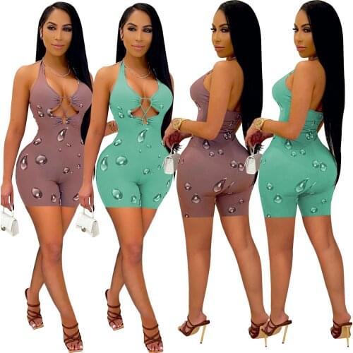 2021 Sexy Womens V-Neck Leotard Jumpsuit Buttoned Leotard Shorts Fashion Raindrop Printed Sleeveless Sexy Open-Chested Lace-Up