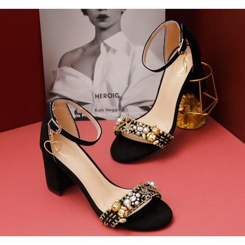 Fashion trend retro black thick heel womens shoes with diamond cub cool a salu toe sandals for leisure and commuting