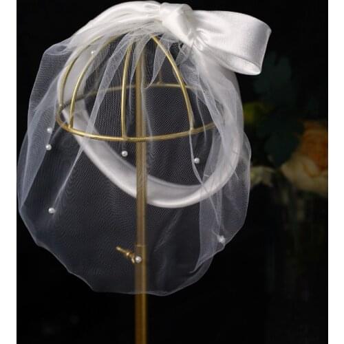 Elegant Blusher Bridal Veil Tulle Satin Bowknot Pearl Beading White Wedding Veil for Bride Travel Studio Photo Perform Prop V677