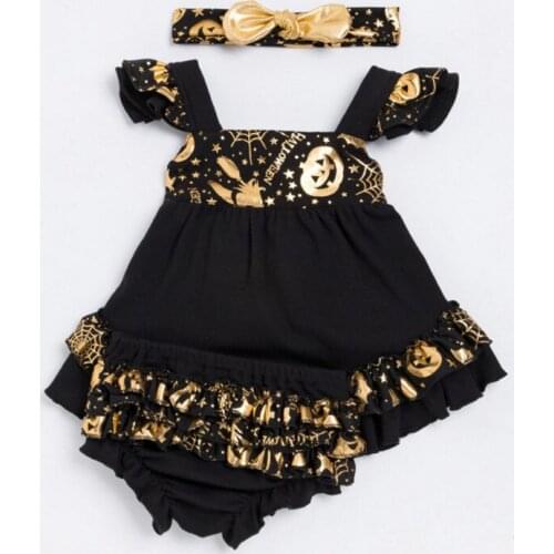 Hot Sale Halloween Baby Costume Cute Girl Cotton Top Dress+Lace Bloomers+Headband Clothing Set Newborn Pumpkin Jumpsuits Dresses