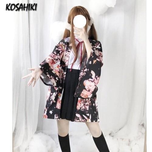 KOSAHIKI Anime Kimono Japan Kimono Haori Yukata Cosplay Women Kawaii Blouse Cardigan Rabbit Print Cute Harajuku Kimonos