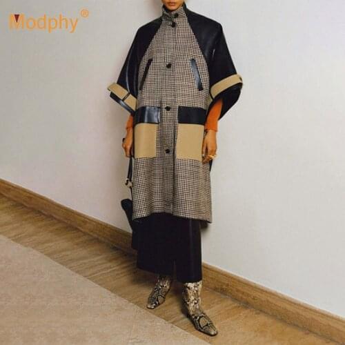 Houndstooth Patchwork Coat Jacket Half-Sleeve Pockets With Loose Midi Long Coat Female 2020 Fashion New WomenS Clothing