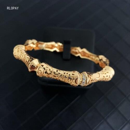 Copper Bamboo Shape Gold Bangles Hollow Out Flower Desgin Luxury Arabic Bridal Hand Bangles Side Open Bangles