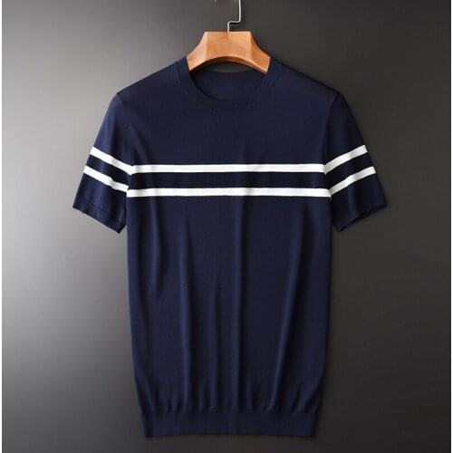 New Summer Luxury Knitted Short Sleeve Man Plus Size 4xl Black Navy Round Collar Stipre Mens T-shirts