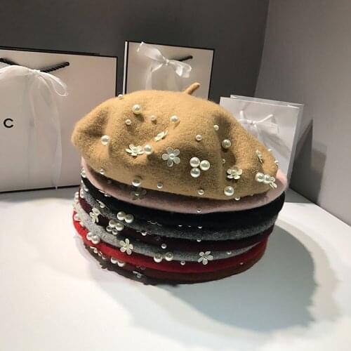 New Style Women Beret Elegant Winter Warm Wool Luxury Pearl Floral Felt Hat Charming Knit Solid Color Hats For Female Girls