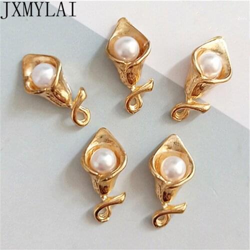 10 PCS 19*9mm Fashion Metal Alloy KC Gold Imitation Pearl Lily Flower Pendant Connector Charm For Jewelry Making