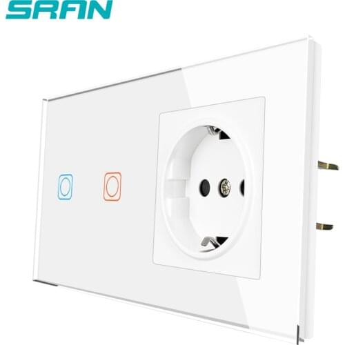 SRAN Touch Sensor Switch With Socket Crystal Glass Panel 153*82mm 220V 16A Wall Socket With Light Switch 2 Gang 1Way