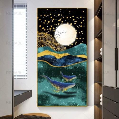 Nordic Minimalist Abstract Landscape Poster Canvas Painting Golden Moon Mountain Tree Whale Wall Pictures for Gallery Home Decor