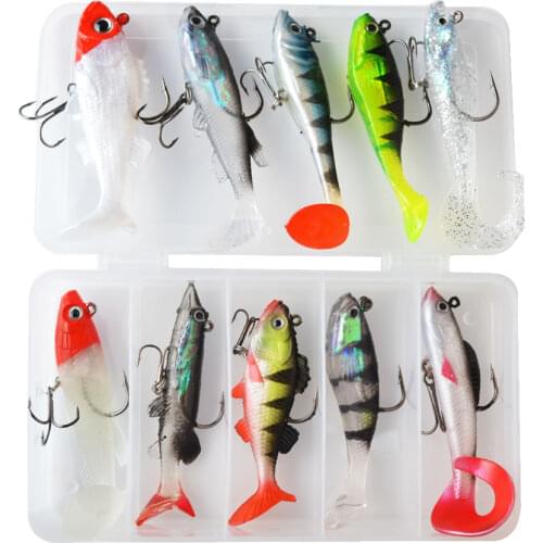 Mix Size Jig Head T Tail Soft Fish Fishing Bait Wobblers Soft Lure Kit With Treble Hook 3D Eyes Sinking Artificial Fishing Lure
