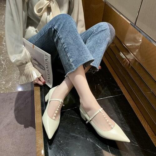 Shallow Mouth Set Foot Pearl Pointed Toe Mid-Heel Ladies Single Shoes Spring And Autumn Ladies Fashion Mary Jane High Heels