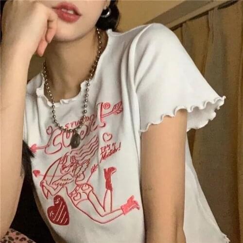 Crop Top Short Sleeve T-Shirts Chic Clothes For Teenagers Ruffles Love Graphic Korean Style Harajuku Kawaii Cute White Loose