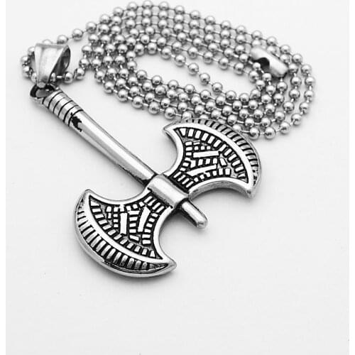 Unisex Stainless Steel Battleaxe Pendant Religious Necklace With Long Chain