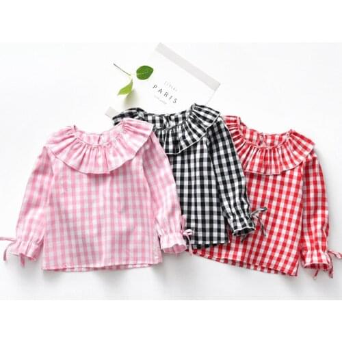 2021 Spring Baby Girls Full Sleeve Blouse Children Checkered Ruffles Collar Shirt Top Kids Flare Jumper Clothes