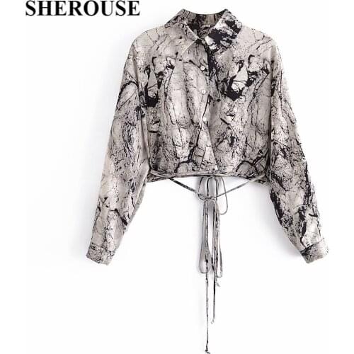 SHEROUSE Fashion Surplice Cropped Shirt with Ties Casual Women Backless Long Sleeves Chic Lady High Woman Blouses Tops