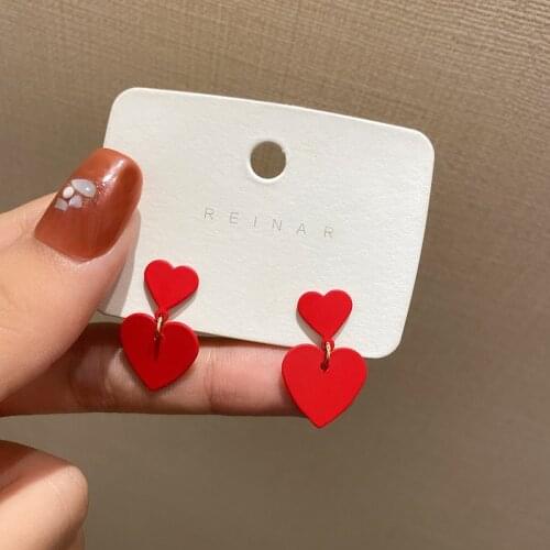 LOVOACC Korea Japan Sweet Red Love Heart Earrings for Women Girl Brass Spray Double Heart Dangle Drop Earrings New Year Jewelry