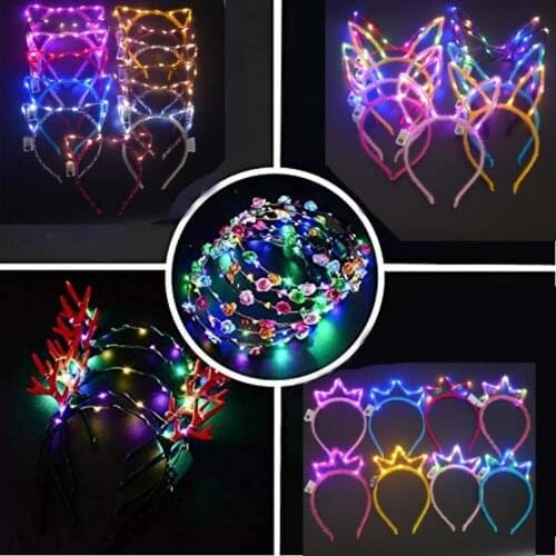 20Pcs Women Girls LED Light Up Flashing Glow Hairbands Cat Ear Flower Crown Bunny Glow Headband Blinking Hair Band Concert Party