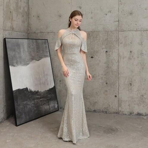 Banquet Temperament Elegant Long Short-sleeved Sequined Aura Queen Fishtail Evening Dress Evening Gowns for Women Party Dress