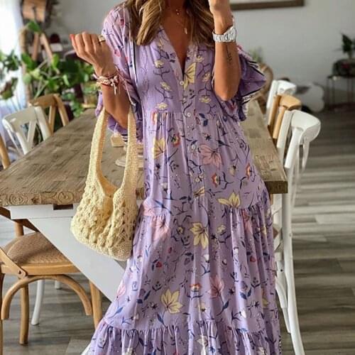 Autumn Floral Print Long Sleeve Loose Long Dress Women Sexy V Neck Lantern Sleeve Spring Party Dresses Vintage Boho Maxi Dress