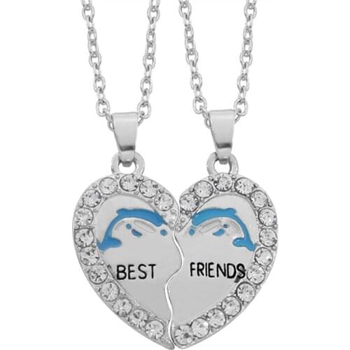 2Pcs Best Friends Necklace Women Full Crystal Broken Heart Splicing Dolphin Statement Necklace Friendship BFF Jewelry 2021 Gift