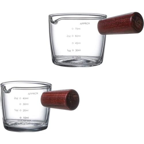 2XPE 1 Piece Single Spout Measuring Triple Pitcher Milk Cups with Wood Handle 50/70ML Espresso Shot Glasses Parts Clear Glass