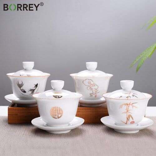 BORREY Bone China Gaiwan White Porcelain Teapot Travel Kung Fu Tea Set Hand Painted Ceramic Gaiwan Office Tea Cup Puer Kettlle