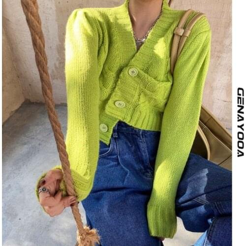 Genayooa Vintage V-neck Cardigan Women Long Sleeve Korean Single Breasted Sweater Women 2021 Autumn Winter Female Cardigans
