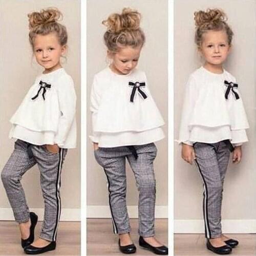 Cascading Ruffle Outfits Toddler Baby Kids Girls Outfits T Shirt Tops+checked Pants Clothes Butterfly sleeve Set Одежда