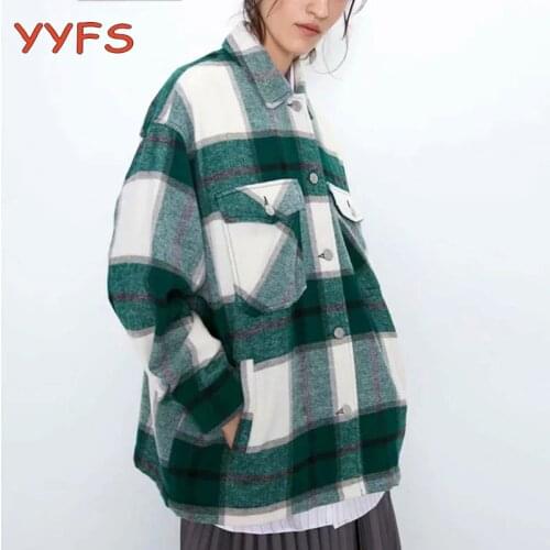 Women Plaid Jacket Coats Vintage Pockets Long Wool Coat Autumn Winter Casual Loose Overshirt Female Outerwear Chic Check Tops
