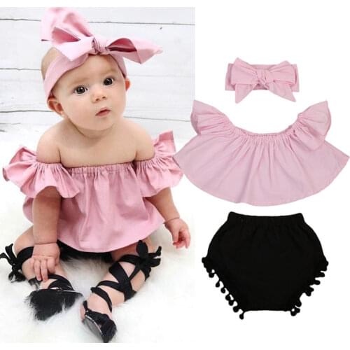 3PCS Toddler Baby Girls Sweet Lovely Summer Sets Off Shoulder Short Petal Sleeve Pink T-Shirts Tops Tassel Black Shorts Headband