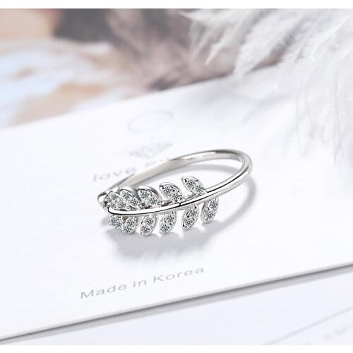 Trendy Silver Color Minimalist Jewelry Clear CZ Olive Leaves Adjustable Rings For Women Girl Party Gifts S-R576