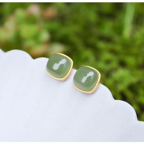 New silver natural Hetian jade square earrings Chinese style retro minority design small elegant womens brand jewelry