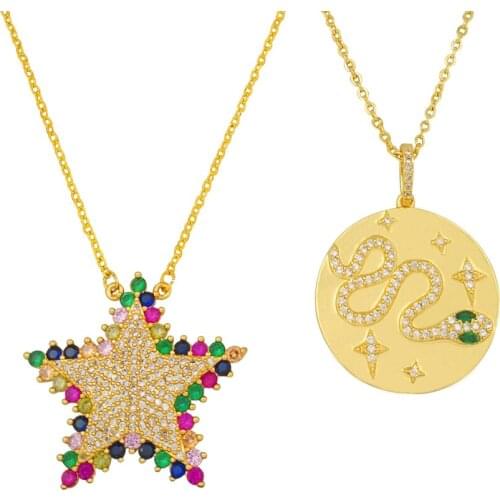 Rainbow Zircon Stone Necklace Women Star Pendant Jewelry collar de serpiente 24k Gold Big Snake Pendant Necklace Coin Adjustable