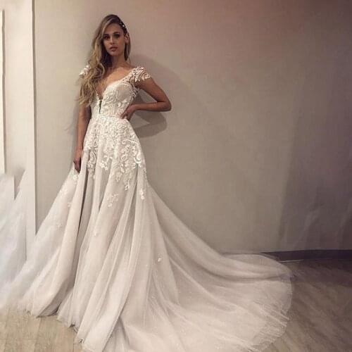 A Line Wedding Dresses Bridal Gowns Sexy Deep V Neck Backless Cap Sleeve Appliqued Lace Tulle Long Trail Vestido De Noiva Custom