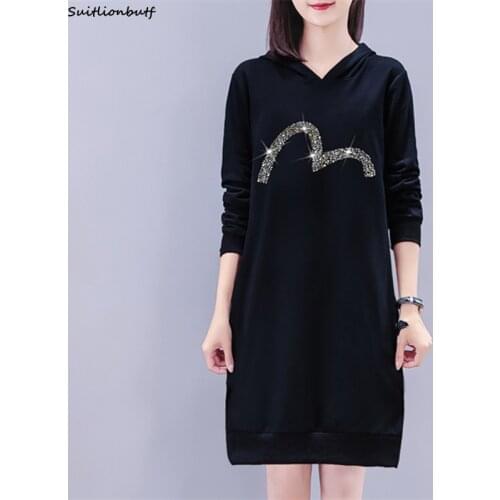 Plus Size Hooded Sweatershirt Dresses Spring Beading Robe Cotton Diamond Dress Pullover Loose Long Sleeve T-Shirt Women Clothing