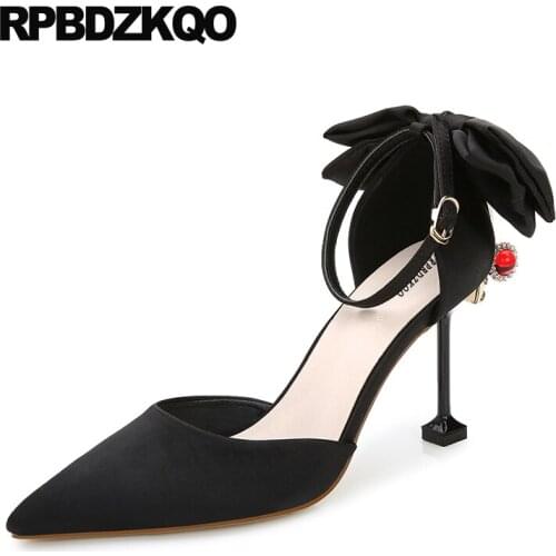 Strap Scarpin 9 40 Bow Plus Size Pointed Toe Ankle Pumps Satin Pink Wedding Shoes High Heels Strange Super Ribbon Women Black