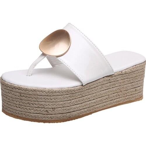 Big Size 43 Summer Women Muffin Bottom Wedges High Heel Sandals Flip Flops Slippers Pu Leather Platform Chaussure Slides Shoes