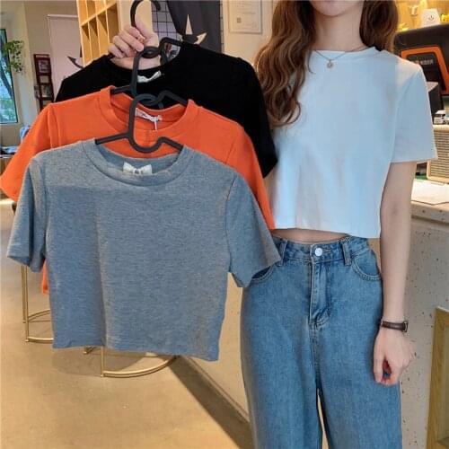 Fashion Solid Color T Shirt Women Kawaii Short Sleeved O-neck T-shirts Simple Ullzang Tshirt Harajuku Top Tees Female