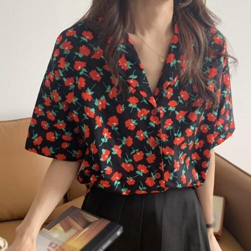 Womens Floral Print Blouses Notched Casual Loose Short Sleeve Chiffon Blouse Shirt Vintage Sexy Shirt Tops Chic